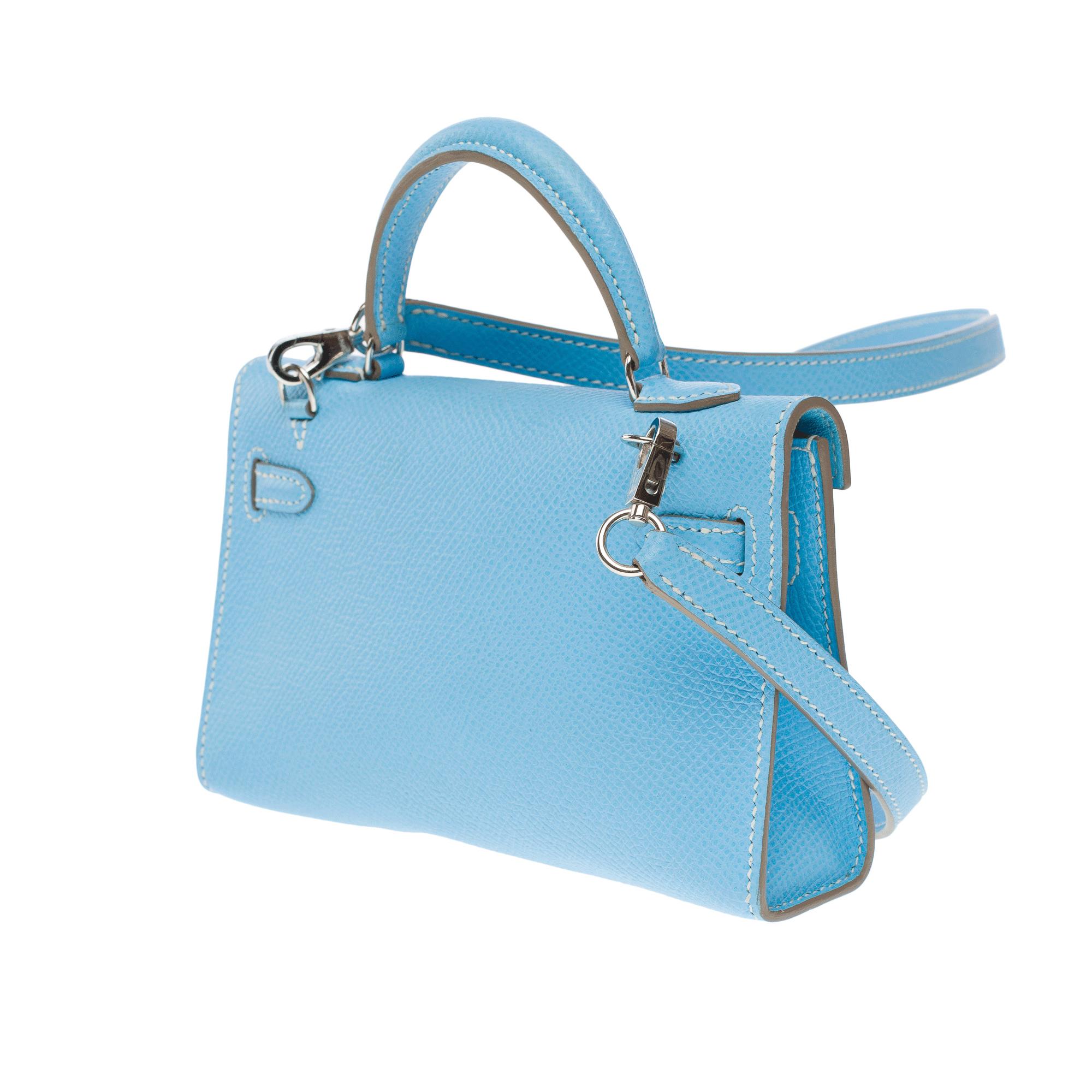 Hermès Micro Kelly 15 handbag strap in Bleu Celeste Epsom leather , PHW For Sale 1