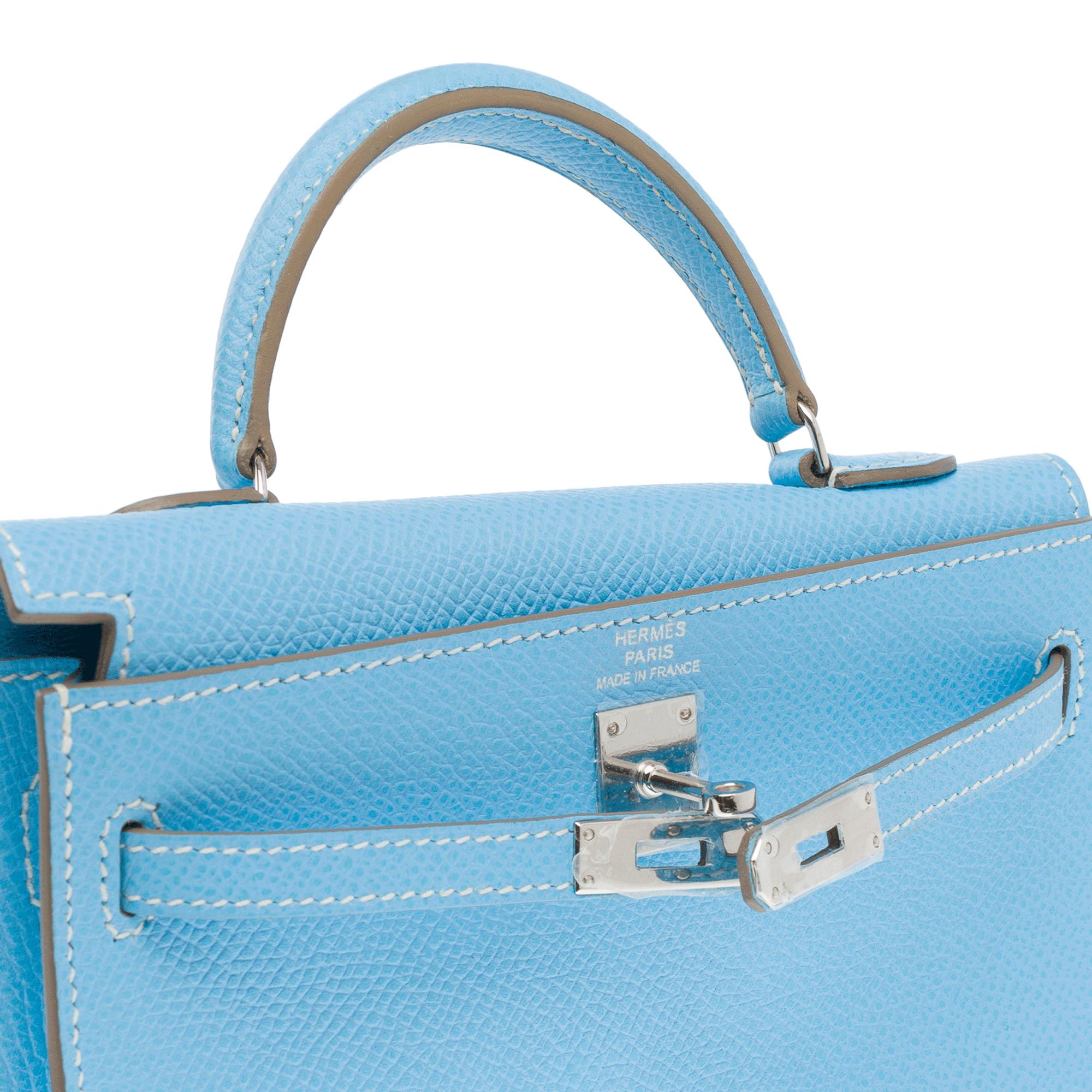 Hermès Micro Kelly 15 handbag strap in Bleu Celeste Epsom leather , PHW For Sale 2