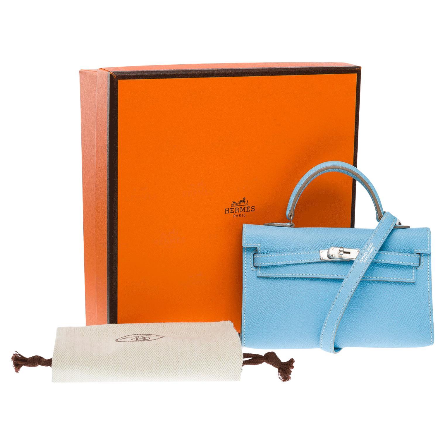 Hermès Micro Kelly 15 handbag strap in Bleu Celeste Epsom leather , PHW For Sale