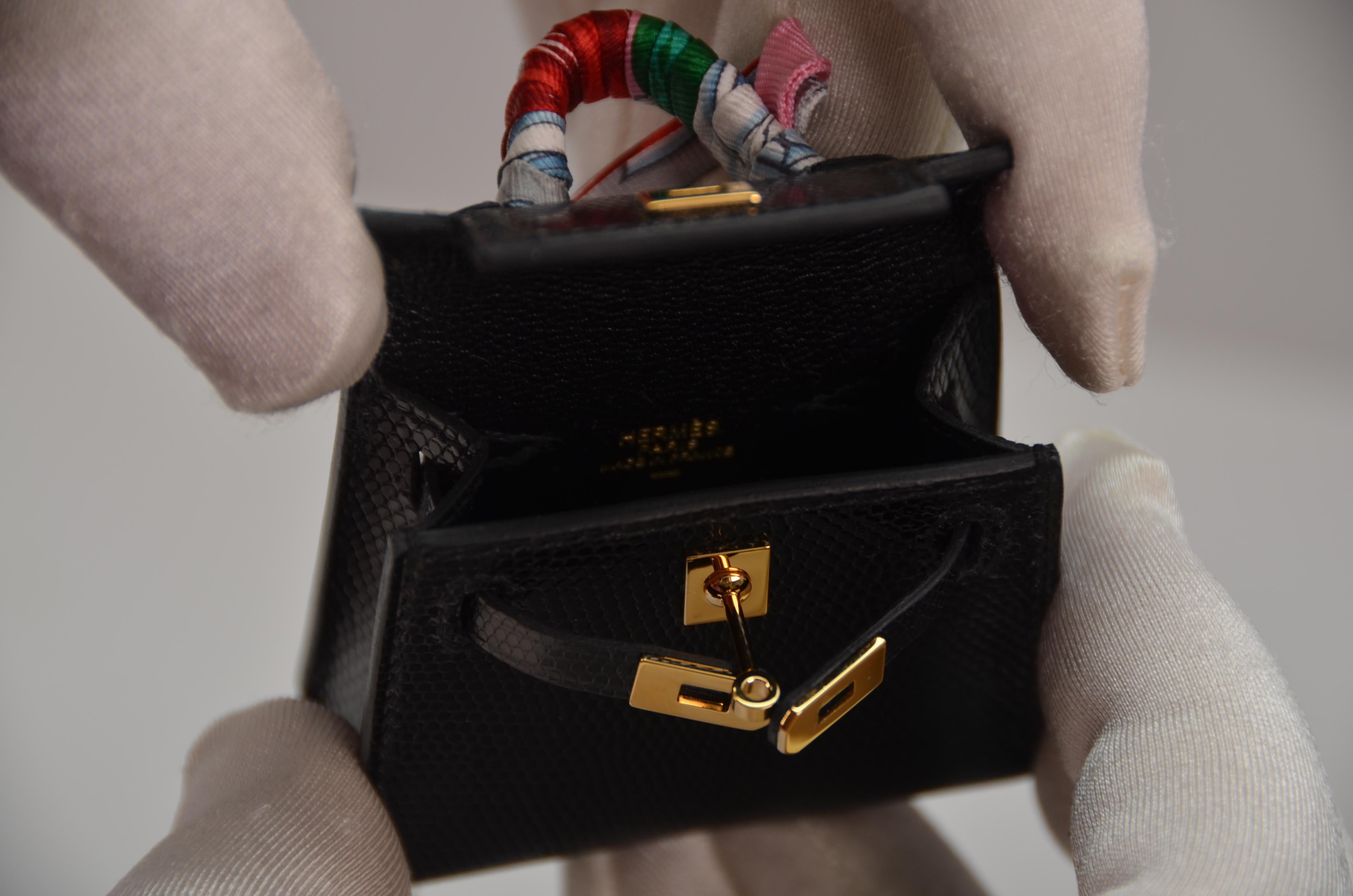 Women's or Men's  Hermes Micro Kelly Charm Black Nilo Lizard Gold Hardware  NEW 
