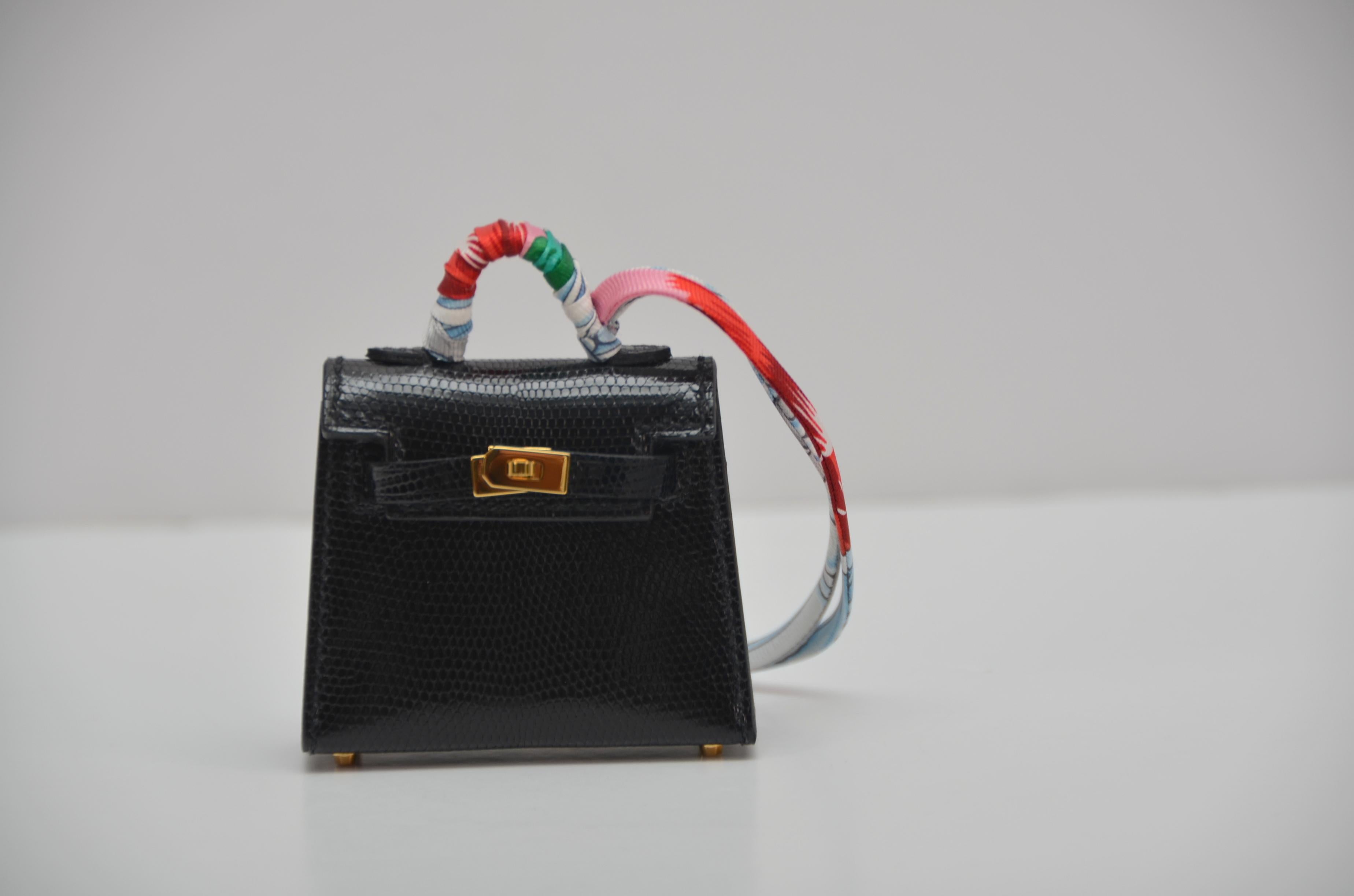  Hermes Micro Kelly Charm Black Nilo Lizard Gold Hardware  NEW  1