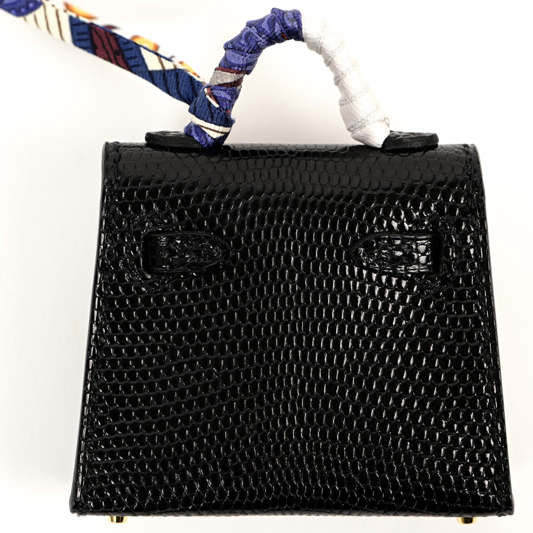 Hermès Micro Mini Kelly Twilly Charm Black Lizard GHW For Sale 3