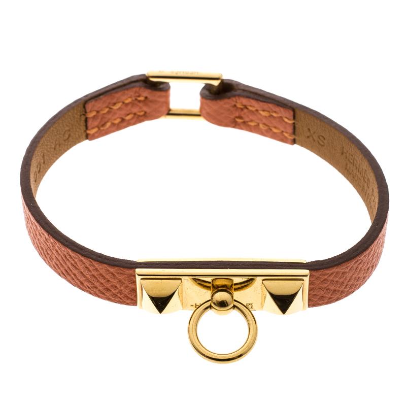Contemporary Hermes Micro Rivale Orange Leather Gold Plated Bracelet