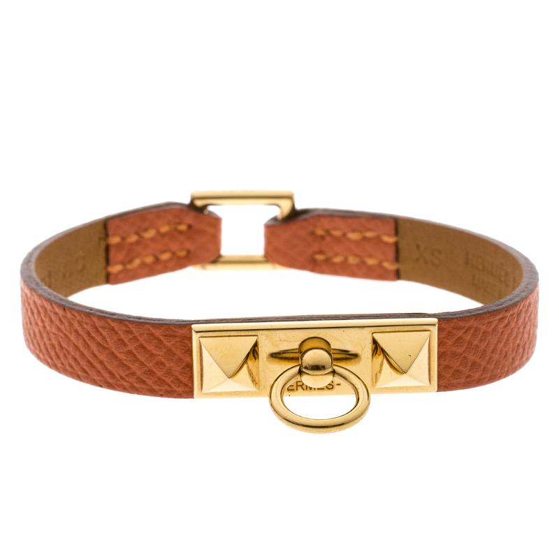 Hermes Micro Rivale Orange Leather Gold Plated Bracelet