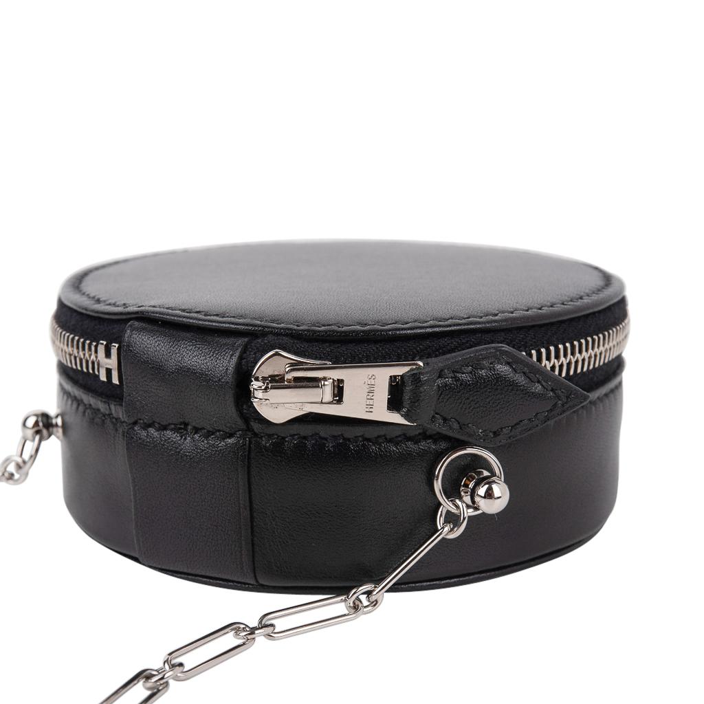 Hermes Micro Rond Veau Noir Villandry Tasche Palladium Papier Clip Kette Ltd Edtn (Schwarz) im Angebot