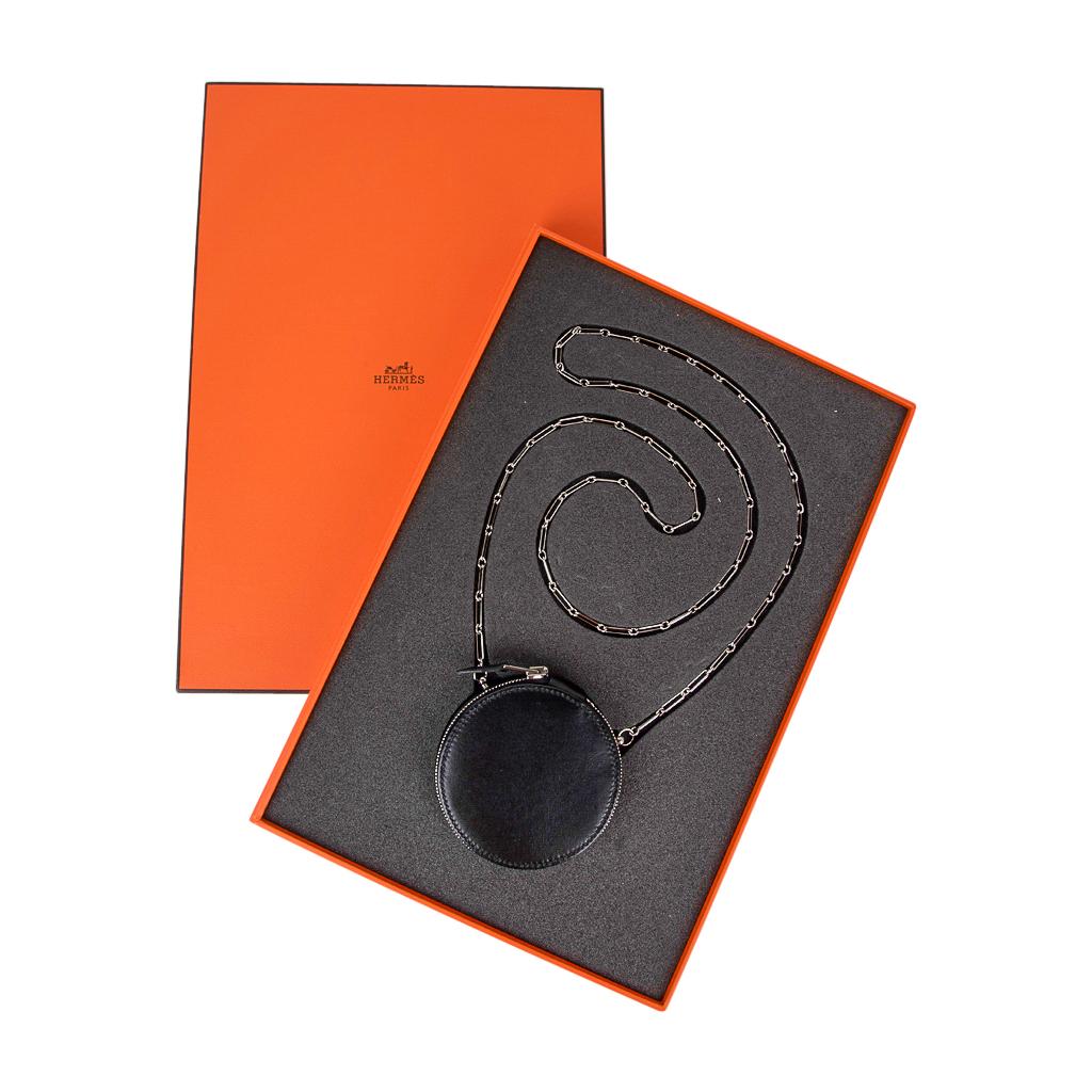 Women's Hermes Micro Rond Veau Noir Villandry Bag Palladium Paper Clip Chain Ltd Edtn For Sale