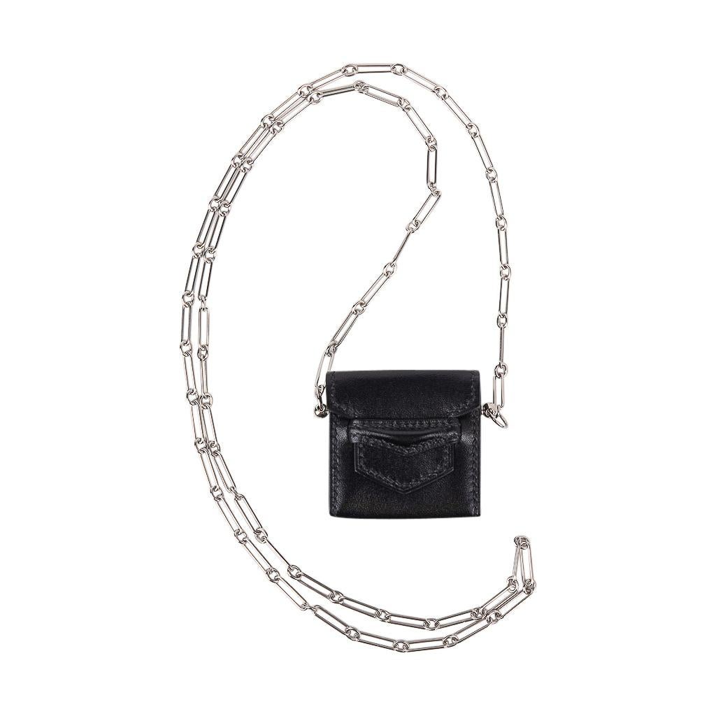 Hermes Micro Sac 46mm Villandry Noir Silver Paper Clip Chain Limited Edition In New Condition For Sale In Miami, FL