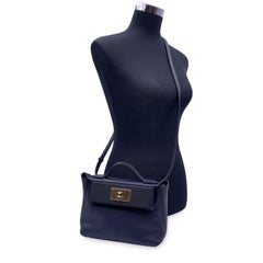 Hermes Midnight Blue Black Leather 24/24 Handbag with Strap 21 cm