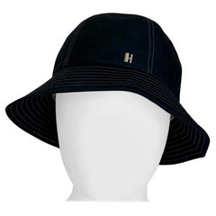 Hermes Midnight Blue Cotton Size 57 Bucket Hat w/ Tan Top Stitch & Embroidered H