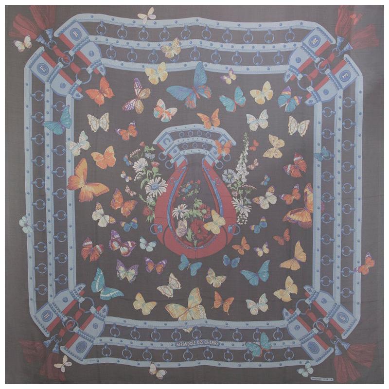 HERMES midnight blue FARANDOLE DES CHAMPS 140 MOUSSELINE silk Shawl Scarf