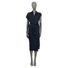 HERMES midnight blue viscose RIB KNIT BELTED WRAP Dress 42 L