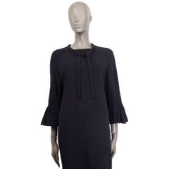 HERMES midnight blue wool BELL SLEEVE TIE NECK Dress 36 XS