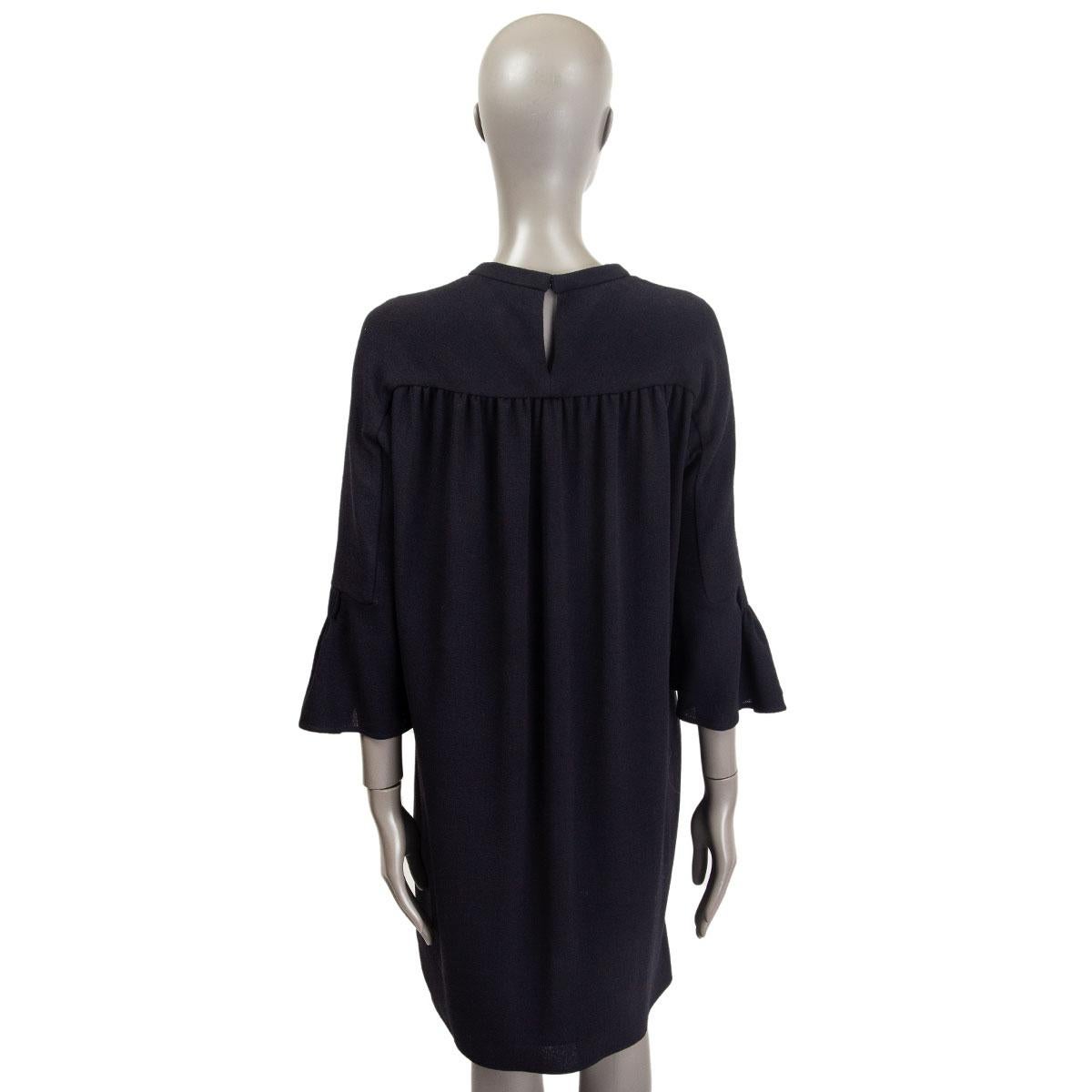 Black HERMES midnight blue wool BELL SLEEVE TIE NECK Dress 36 XS For Sale