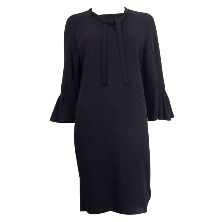 HERMES midnight blue wool BELL SLEEVE TIE NECK Dress 36 XS For Sale