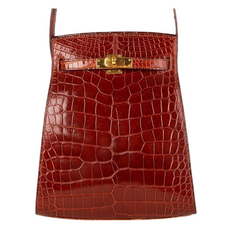 HERMES Miel brown Shiny Alligator Crocodile KELLY SPORT MM Crossbody Bag For Sale at 1stdibs