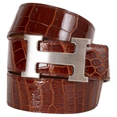 HERMES Miel brun SHINY CROCODILE 32MM H Buckle Belt 85