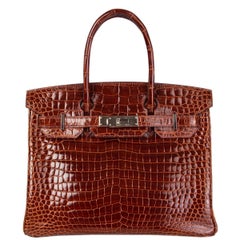 HERMES Miel brun Shiny Porosus Crocodile & Palladium BIRKIN 30 Sac