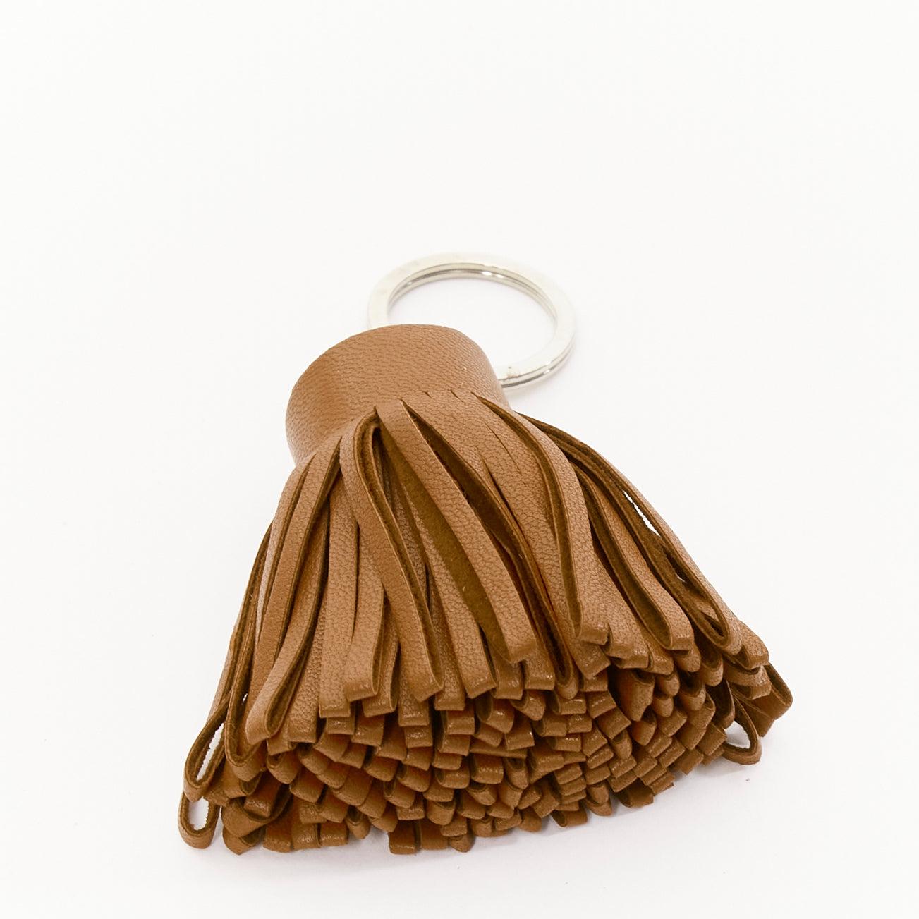 HERMES Milo Carmen brown leather single tassel PHW silver keyring bag charm In Fair Condition For Sale In Hong Kong, NT