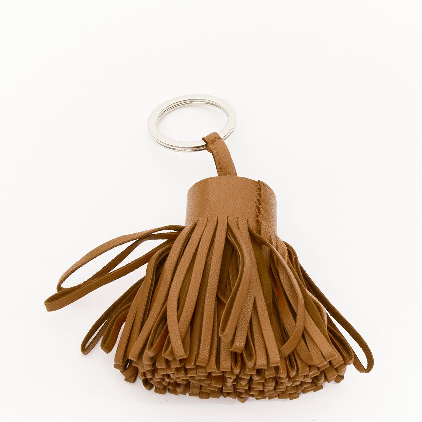 Women's HERMES Milo Carmen brown leather single tassel PHW silver keyring bag charm For Sale