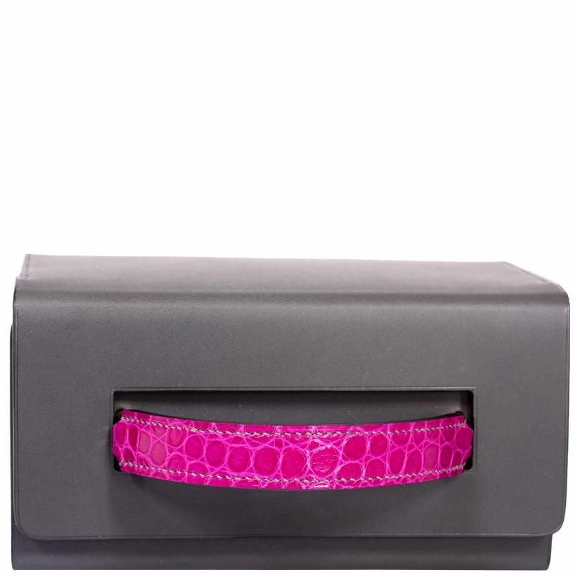 Hermès Minaudière 18 petit h Graphite, Fuchsia, Poussiere Porosus Crocodile & Calf Gold Hardware - 2019

The petit h workshops under the Hermès brand have crafted an unorthodox and innovative approach to creation that reverses the traditional