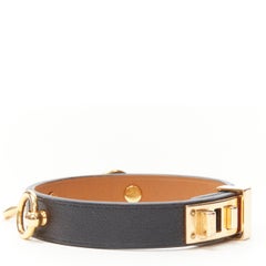 HERMES Mini Dog Anneaux black leather GHW ring embellished bracelet cuff