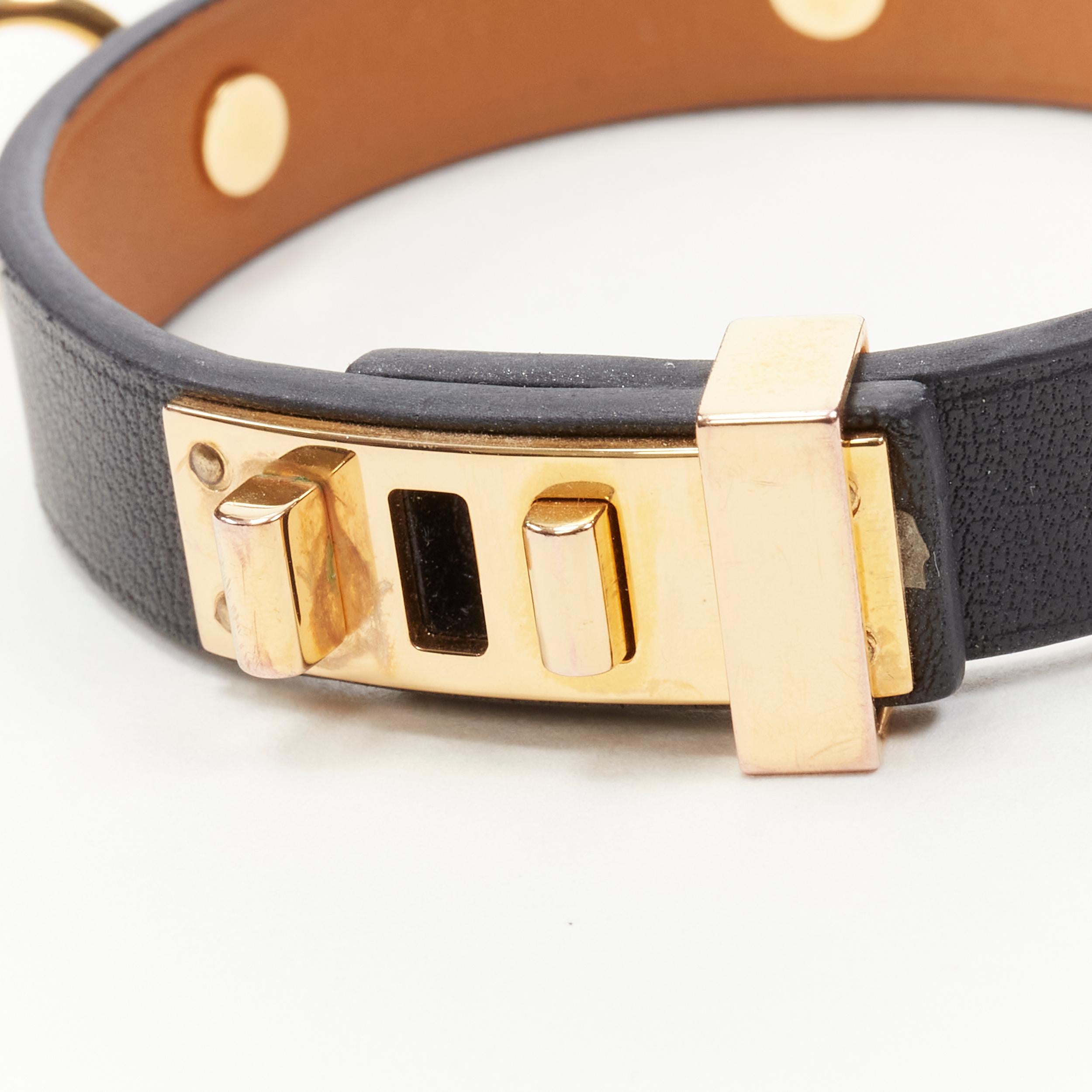 Brown HERMES Mini Dog Anneaux black leather GHW ring embellished bracelet cuff