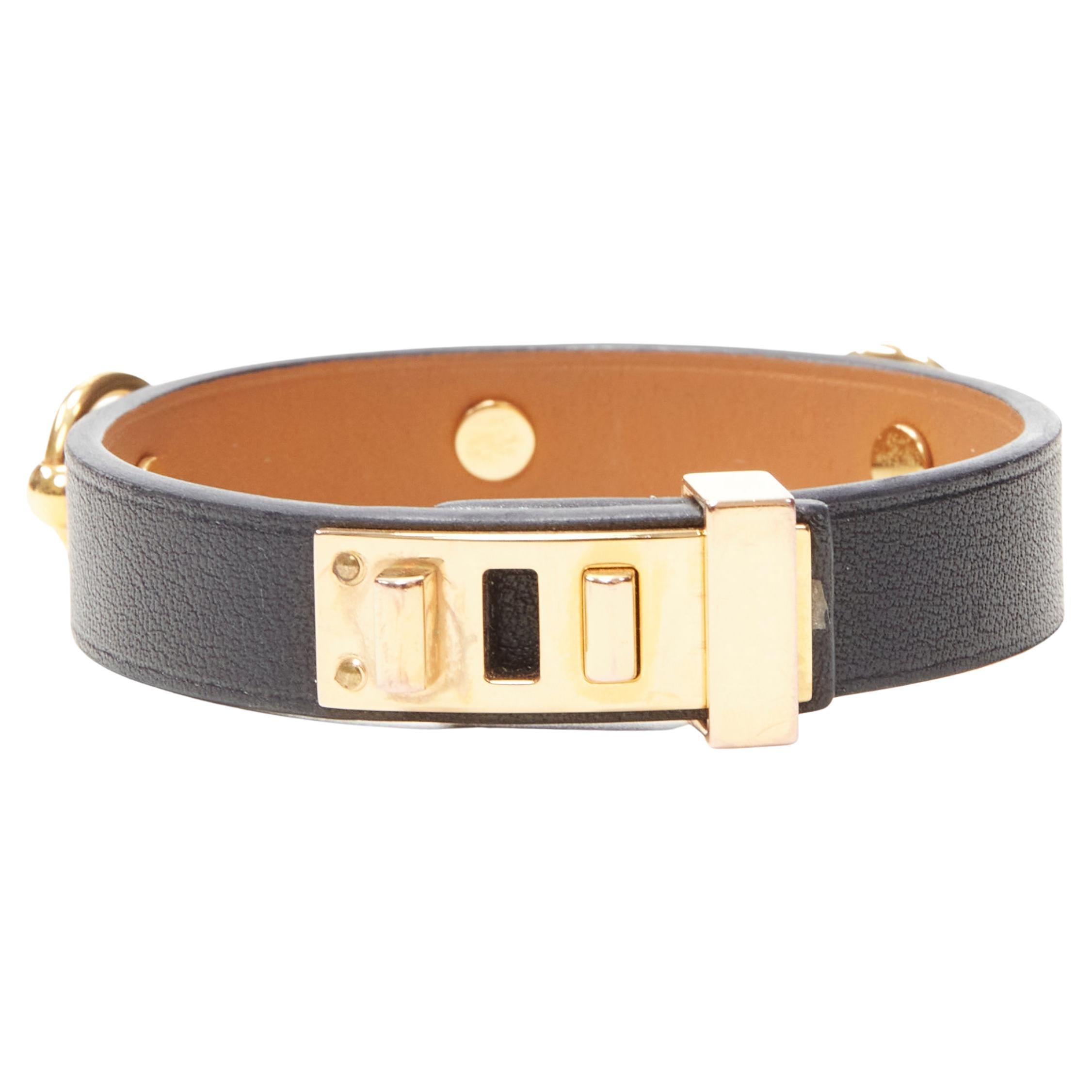 HERMES Mini Dog Anneaux black leather GHW ring embellished bracelet cuff