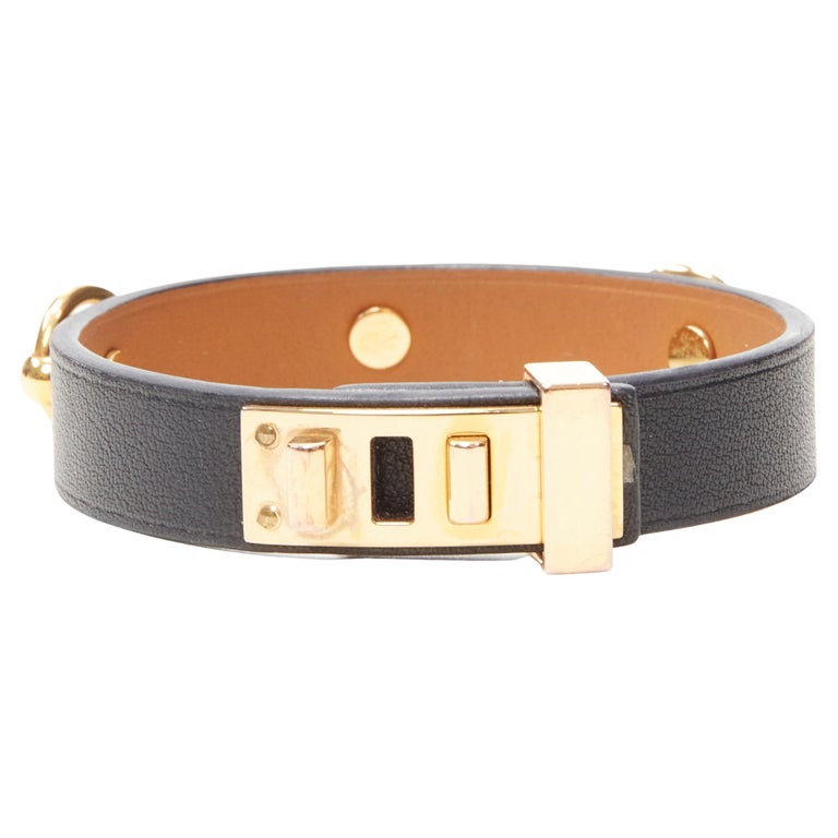 HERMES Mini Dog Anneaux black leather GHW ring embellished bracelet ...
