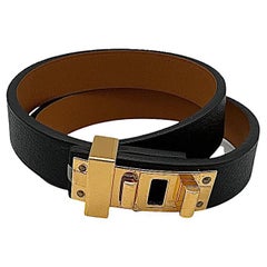 HERMES Mini Dog Double Tour Bracelet in Black Leather and Gilt Metal