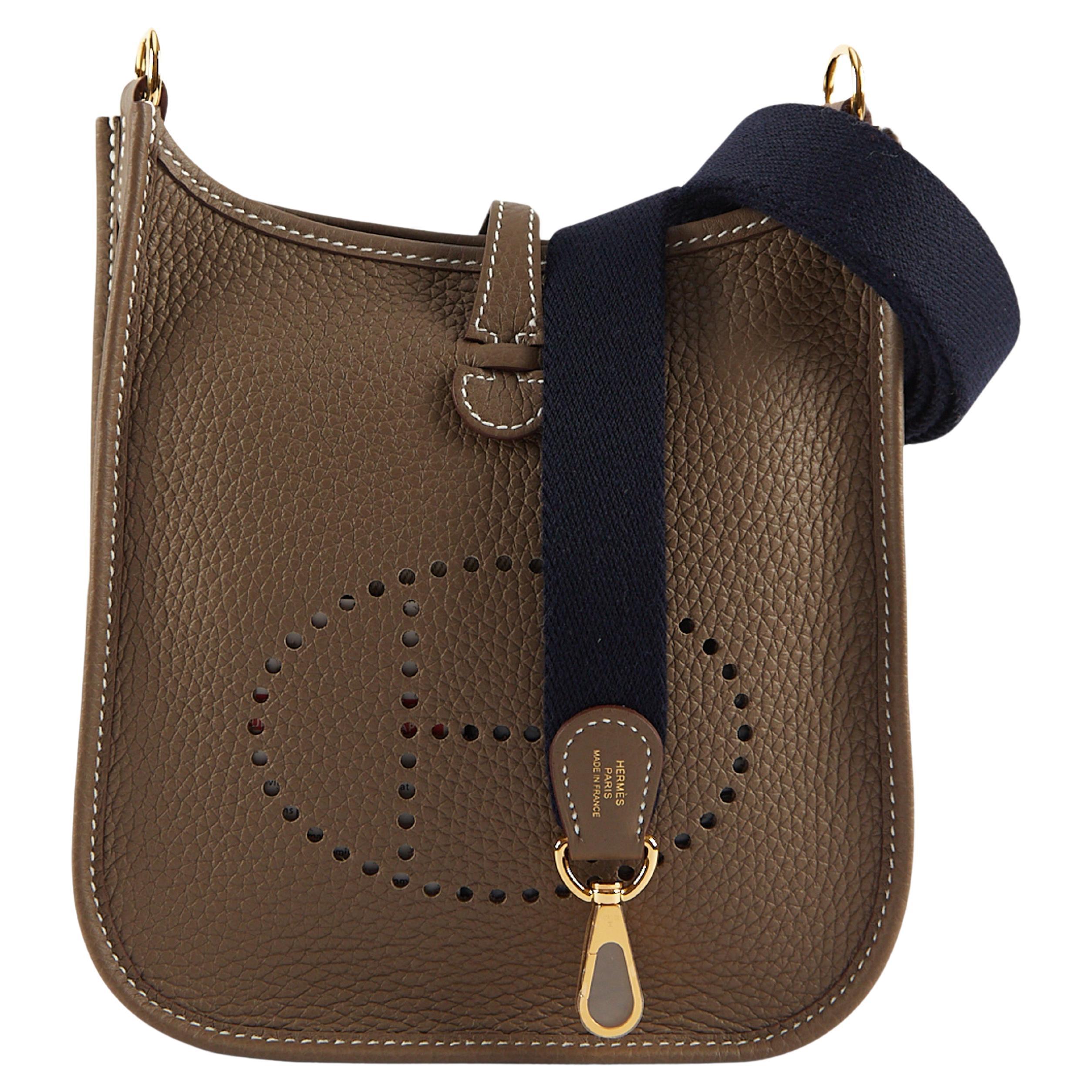 Hermès Mini Evelyn TPM Etoupe with Blue Encre Strap Clemence Leather with Gold H