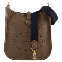 HERMÈS MINI EVELYN TPM ETOUPE WITH BLUE ENCRE STRAP Clemence Leather with Gold H