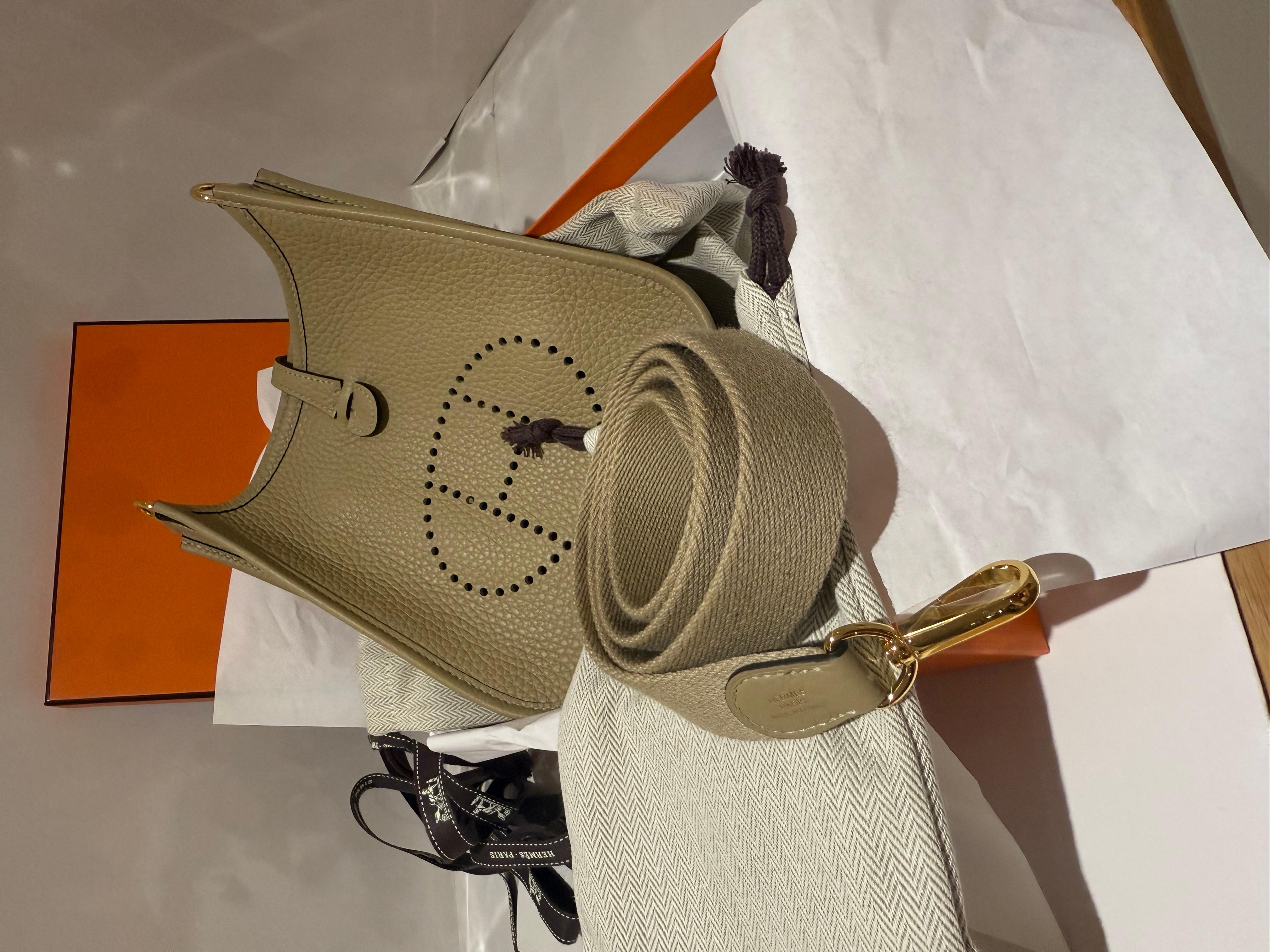 Hermes Mini Evelyne 16 Beige Marfa Clemence mit Goldbeschlägen (Braun) im Angebot