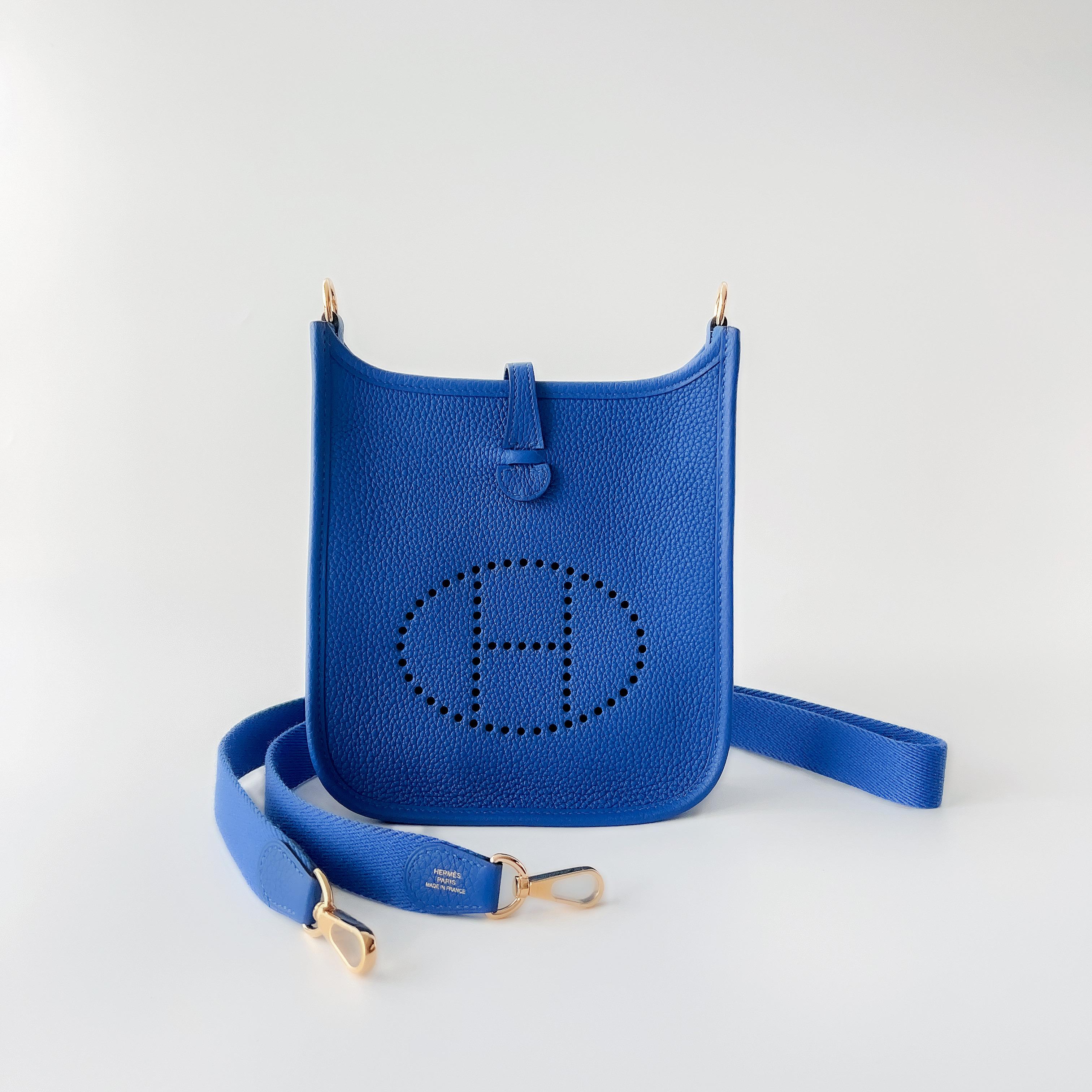 Hermes Mini Evelyne 16 Clemence In Blue, Bleu France With Gold Hardware In New Condition In London, GB