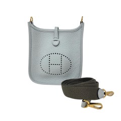 HERMES Mini Evelyne TPM 16 "Bleu Pale" Clemence Leather "Gris Etain" Strap