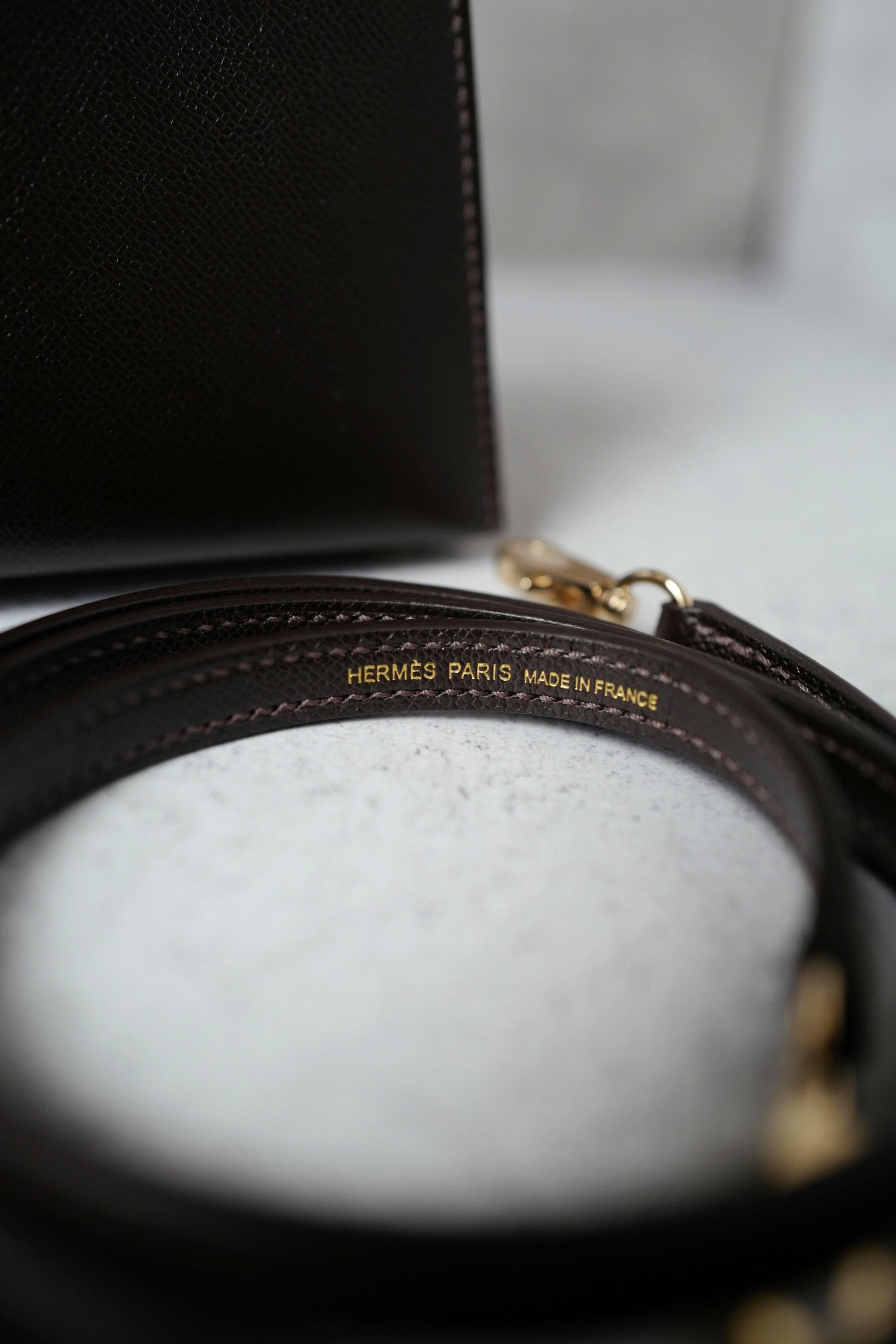 Borsa Hermès Mini Kelly 20 in pelle Bai Brun Veau Madame con HW Permabrass 8