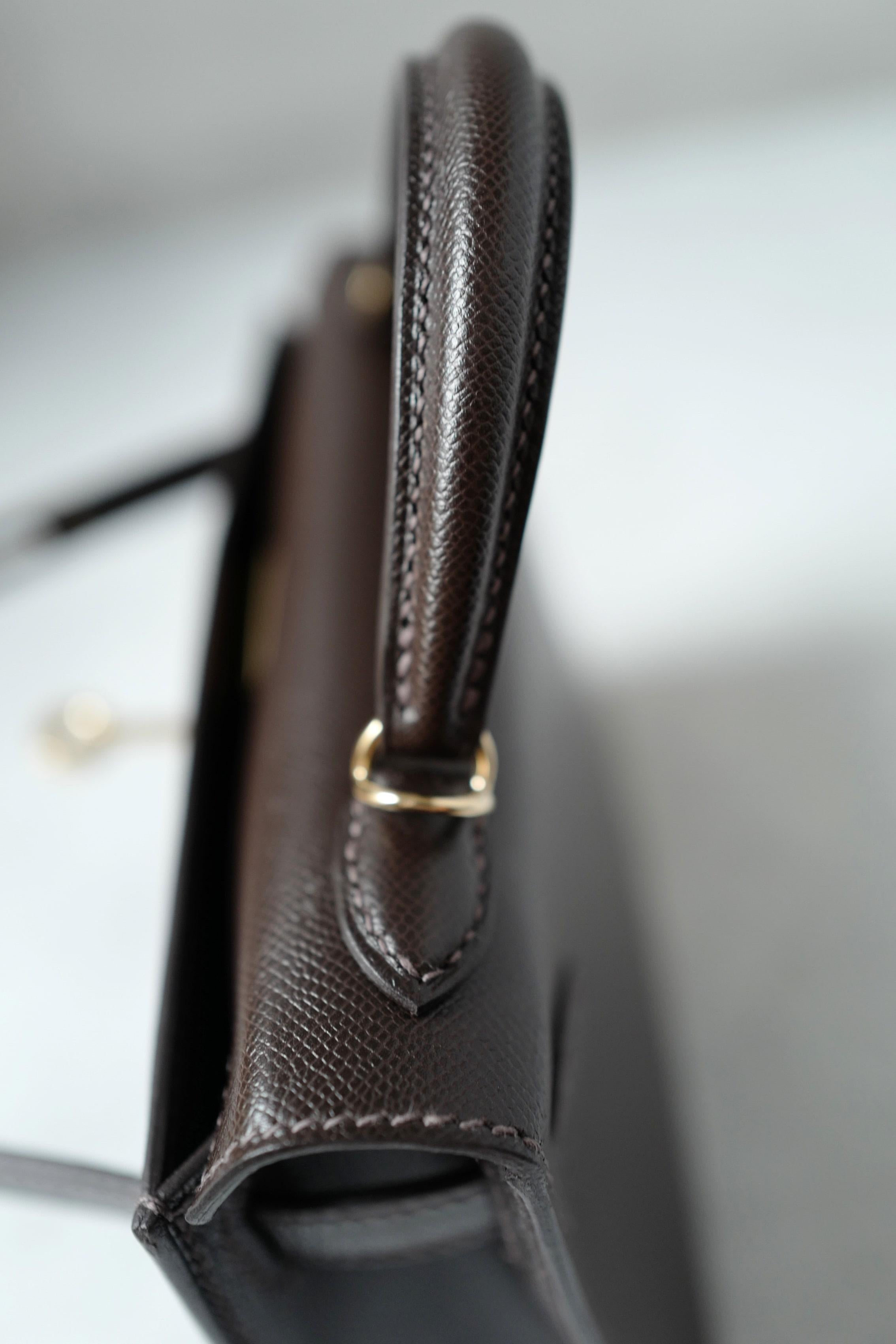 Borsa Hermès Mini Kelly 20 in pelle Bai Brun Veau Madame con HW Permabrass 9