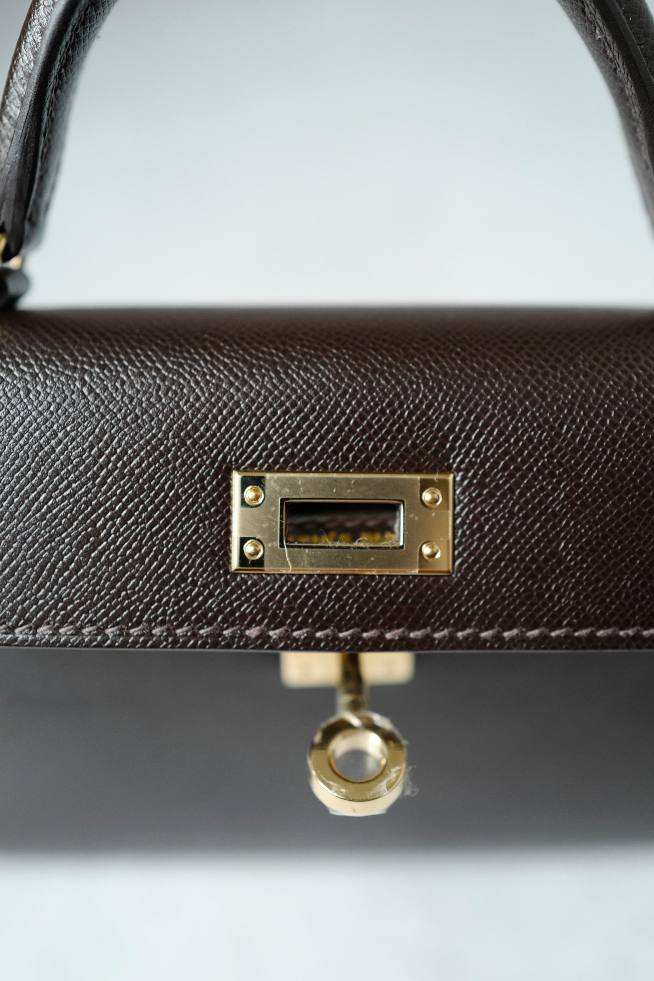 Borsa Hermès Mini Kelly 20 in pelle Bai Brun Veau Madame con HW Permabrass 10