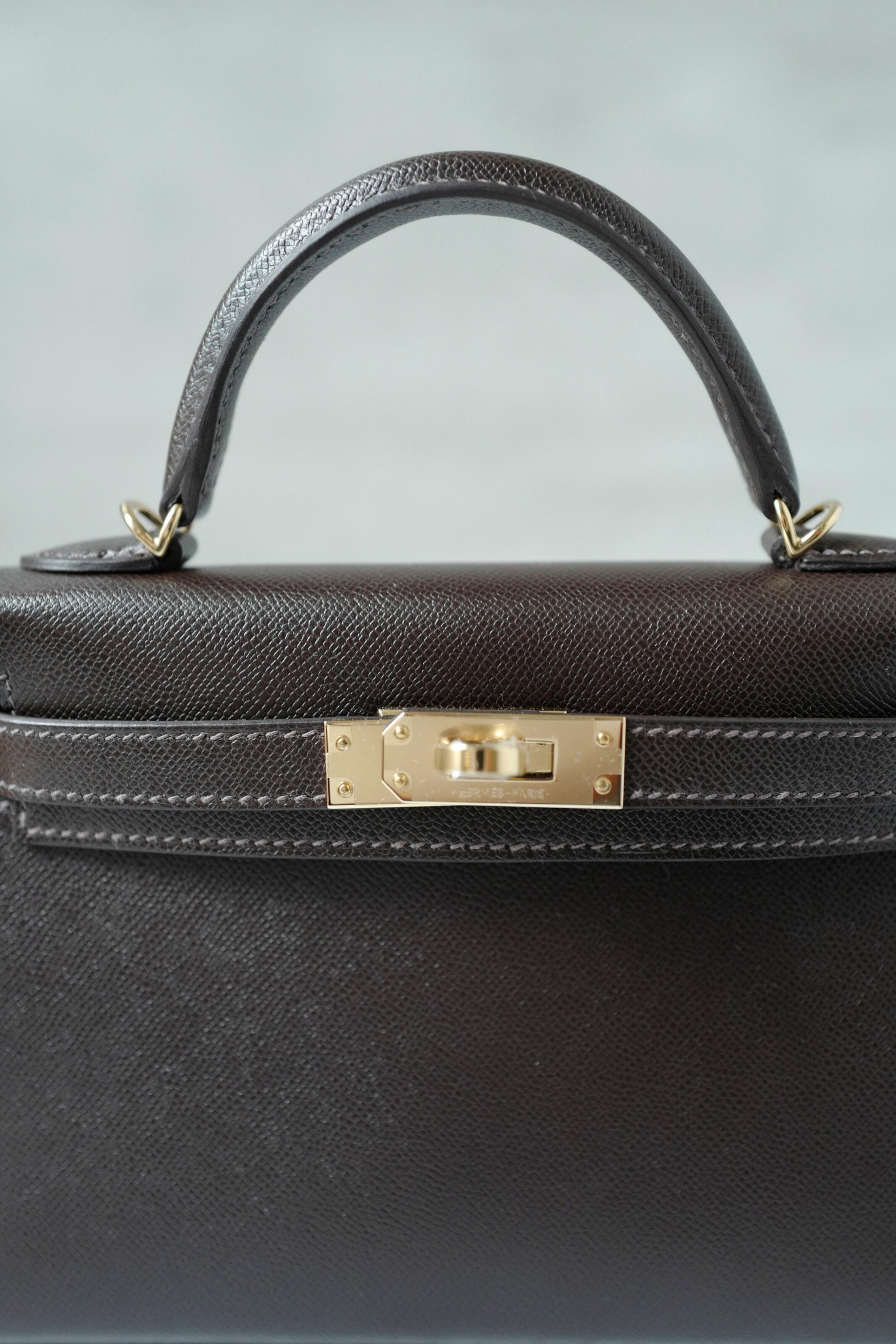 Borsa Hermès Mini Kelly 20 in pelle Bai Brun Veau Madame con HW Permabrass 11