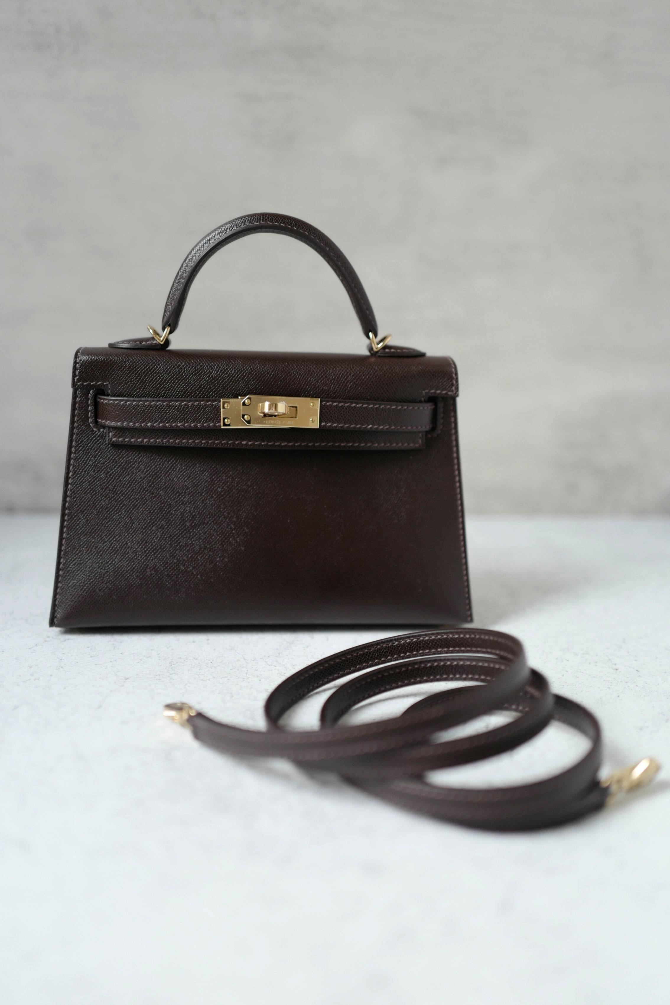 Borsa Hermès Mini Kelly 20 in pelle Bai Brun Veau Madame con HW Permabrass 15