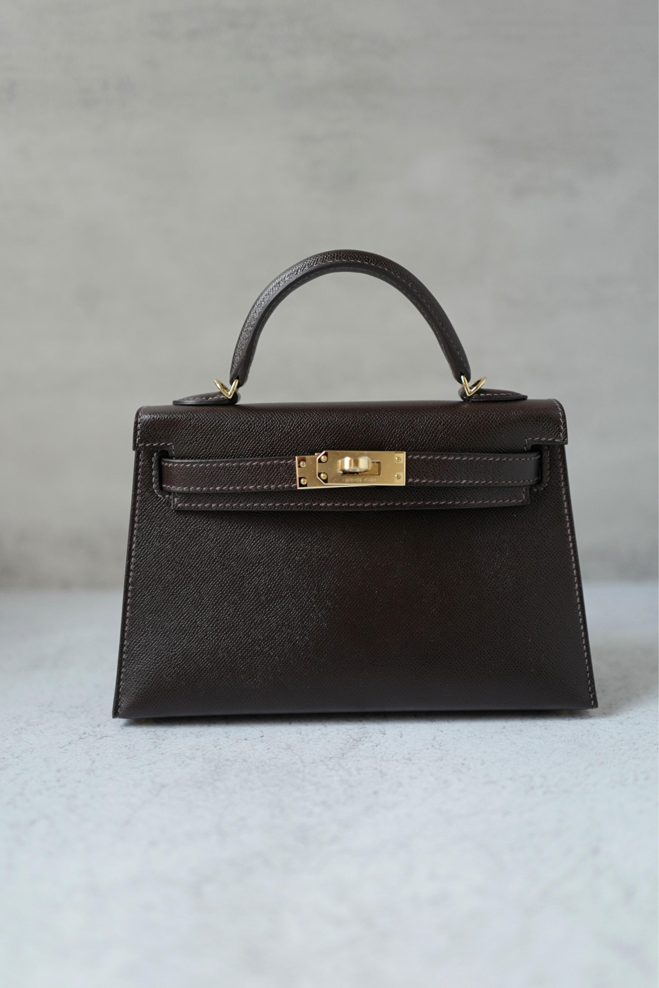 Nero Borsa Hermès Mini Kelly 20 in pelle Bai Brun Veau Madame con HW Permabrass