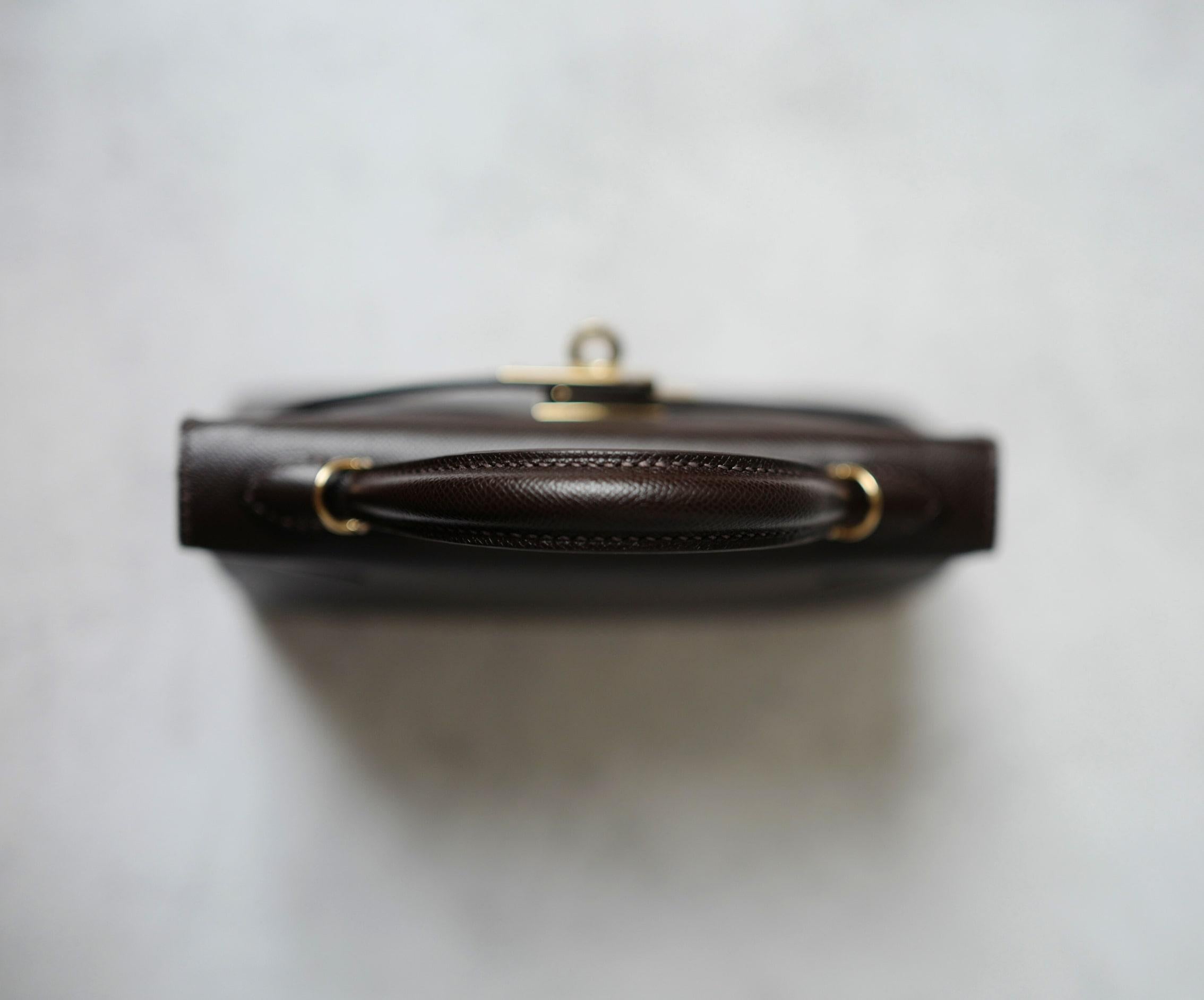 Borsa Hermès Mini Kelly 20 in pelle Bai Brun Veau Madame con HW Permabrass 1