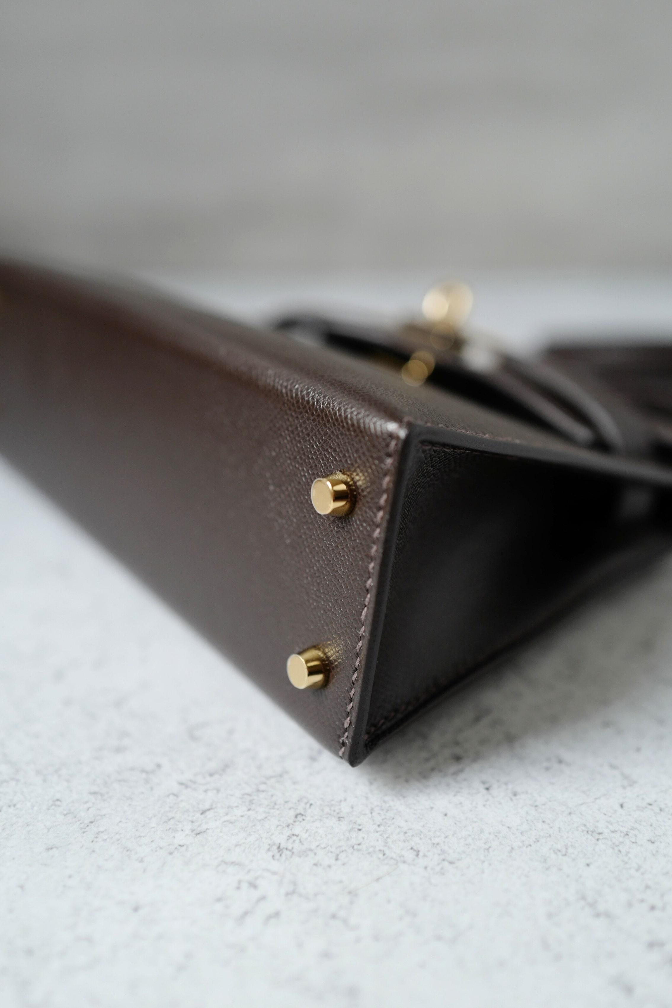 Borsa Hermès Mini Kelly 20 in pelle Bai Brun Veau Madame con HW Permabrass 3