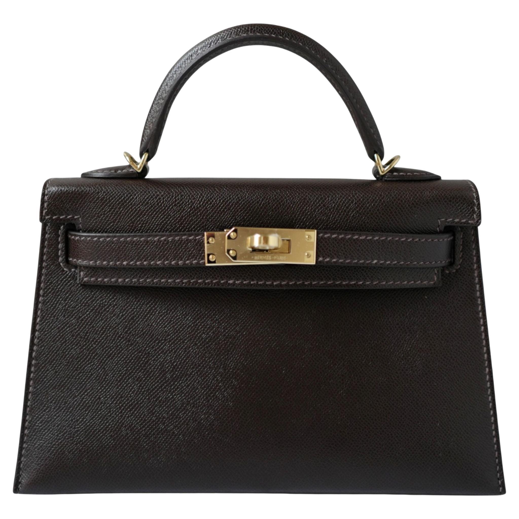 Sac Hermès Mini Kelly 20 en cuir Bai Brun Veau Madame et Permabrass HW