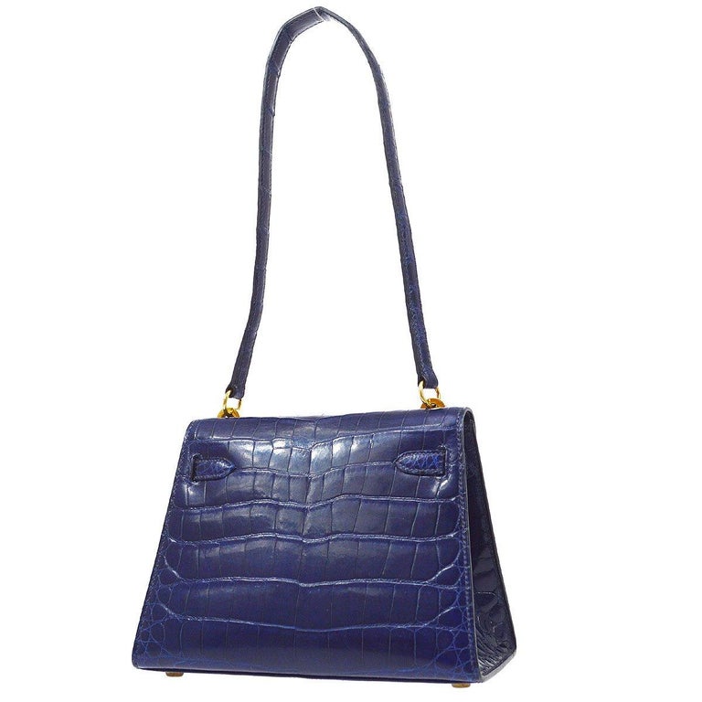 Black HERMES Mini Kelly 20 Blue Crocodile Exotic Gold Small Shoulder Bag For Sale