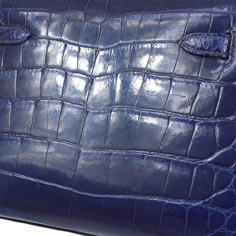 HERMES Mini Kelly 20 Blue Crocodile Exotic Gold Small Shoulder Bag In Good Condition For Sale In Chicago, IL