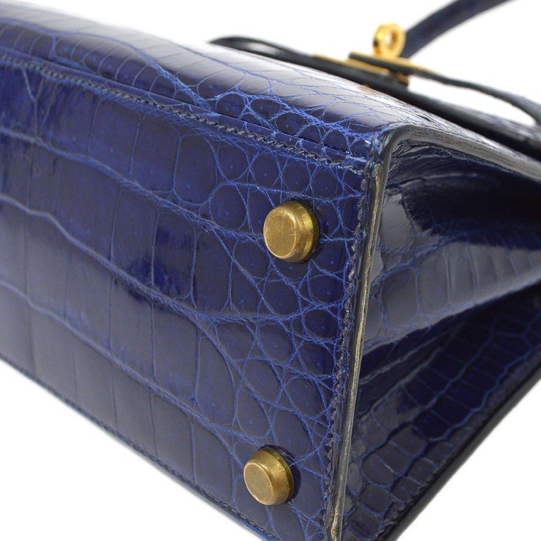 Women's HERMES Mini Kelly 20 Blue Crocodile Exotic Gold Small Shoulder Bag For Sale
