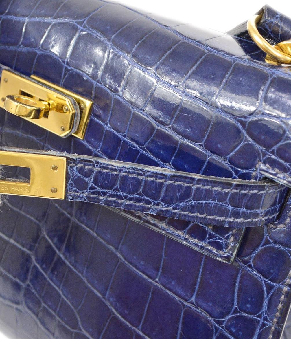Black HERMES Mini Kelly 20 Blue Crocodile Exotic Gold Small Shoulder Bag