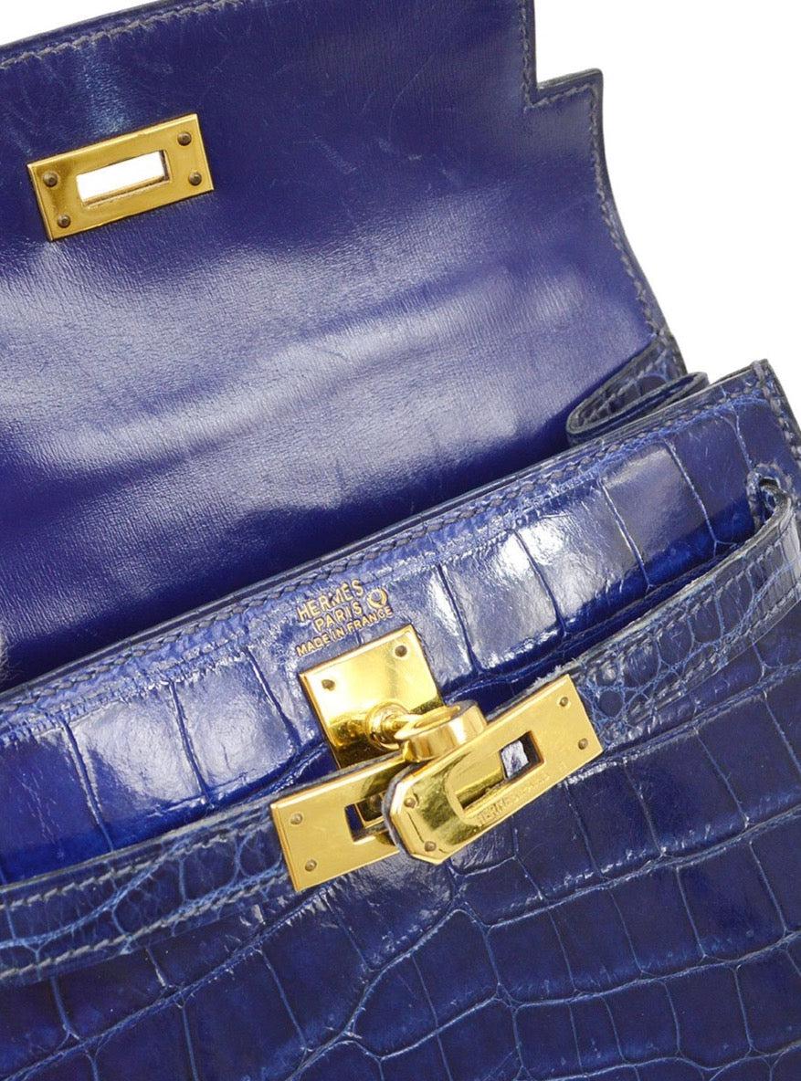 HERMES Mini Kelly 20 Blue Crocodile Exotic Gold Small Shoulder Bag In Good Condition In Chicago, IL