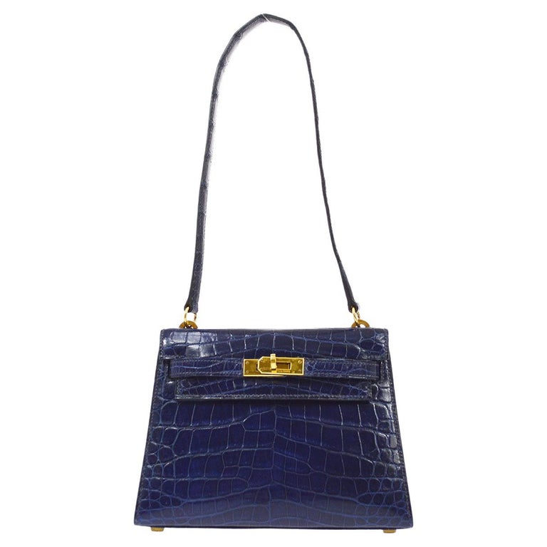 HERMES Mini Kelly 20 Blue Crocodile Exotic Gold Small Shoulder Bag For Sale