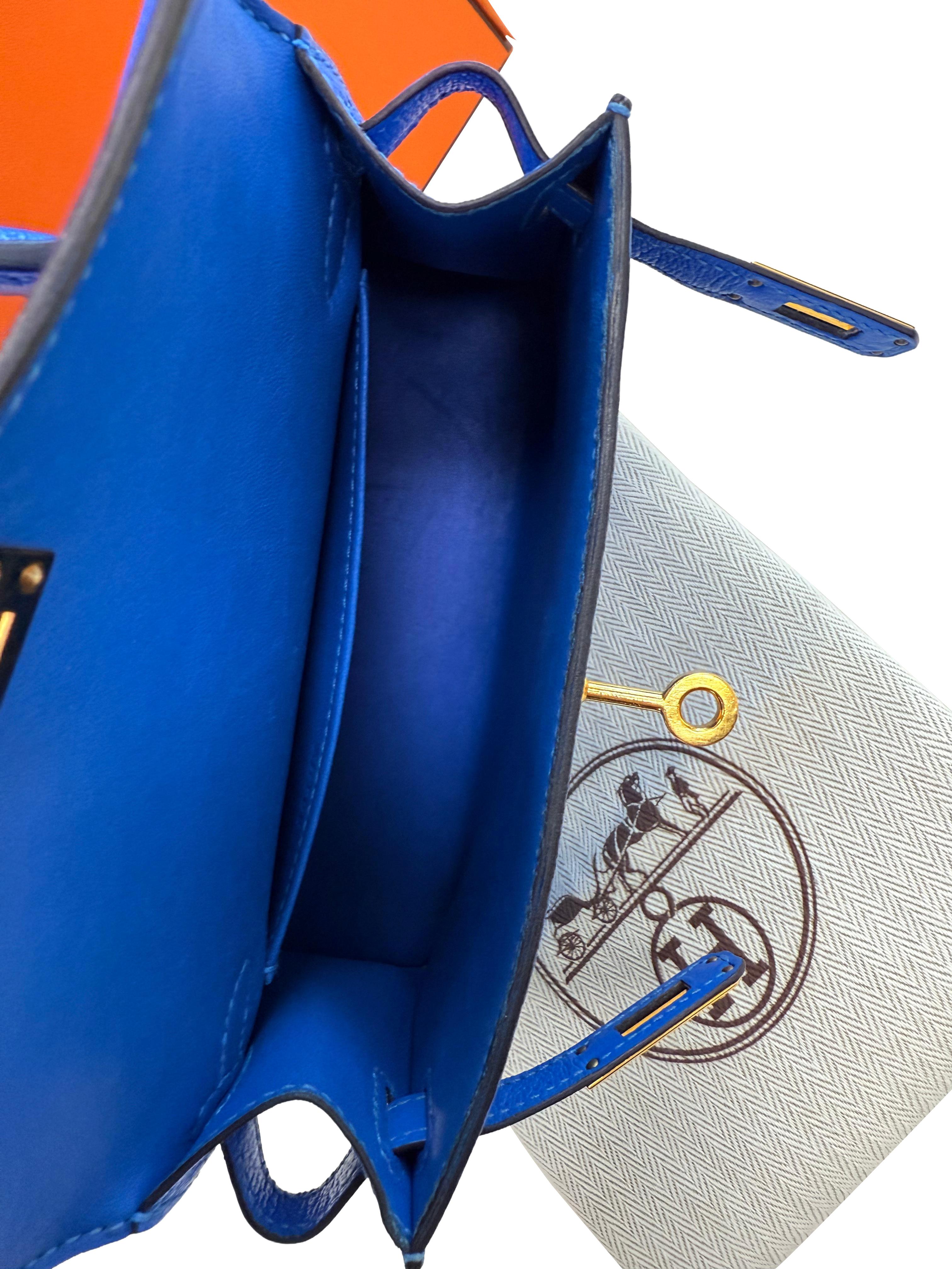 Hermes Mini Kelly 20 Blau Hydra Chèvre Leder Gold Hardware Handtasche im Angebot 7